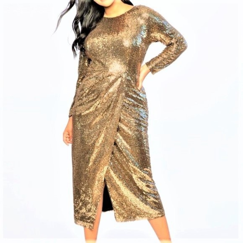 ELOQUII gold sequin wrap dress